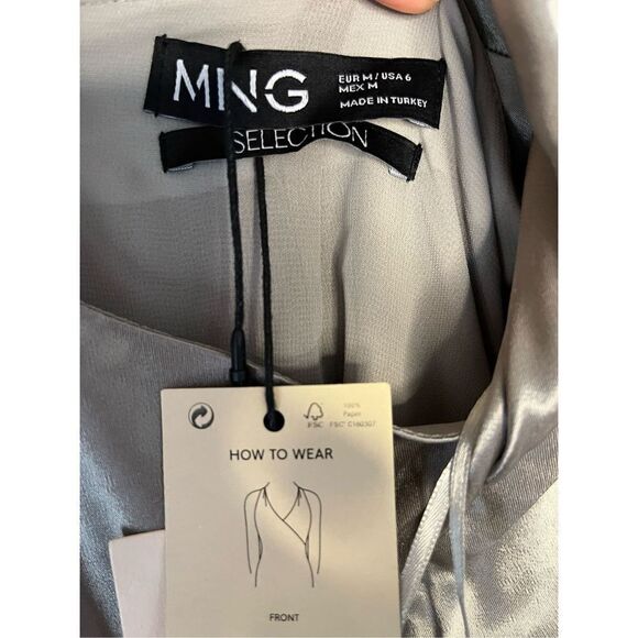 Mango MNG Women's Asymmetrical Satin-finish Dress w/ Asymmetrical Hem Silver Siz - Picture 14 of 16